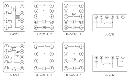 JL-C/21-1、2反時(shí)限電流繼電器內(nèi)部接線及外引接線圖（正視圖）