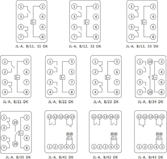 JL-A、B/21 DK無(wú)輔源電流繼電器內(nèi)部接線及外引端子圖（正視圖）