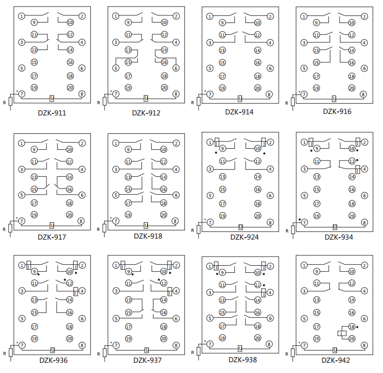 DZK-938快速中間繼電器內線接線及外引接線圖(正視圖)